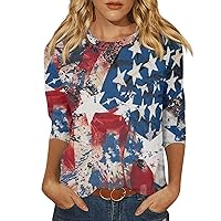 Summer Casual 3/4 Sleeve Tops for Womens Independence Day 2024 Trendy Flag Day Crew Neck Tees Tshirts
