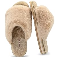 COFACE Womens Fuzzy Slides Fluff Faux Fur House Slippers Open Toe Slip On Soft Memory Foam Slippers with Arch Support Indoor Outdoor,Clearance