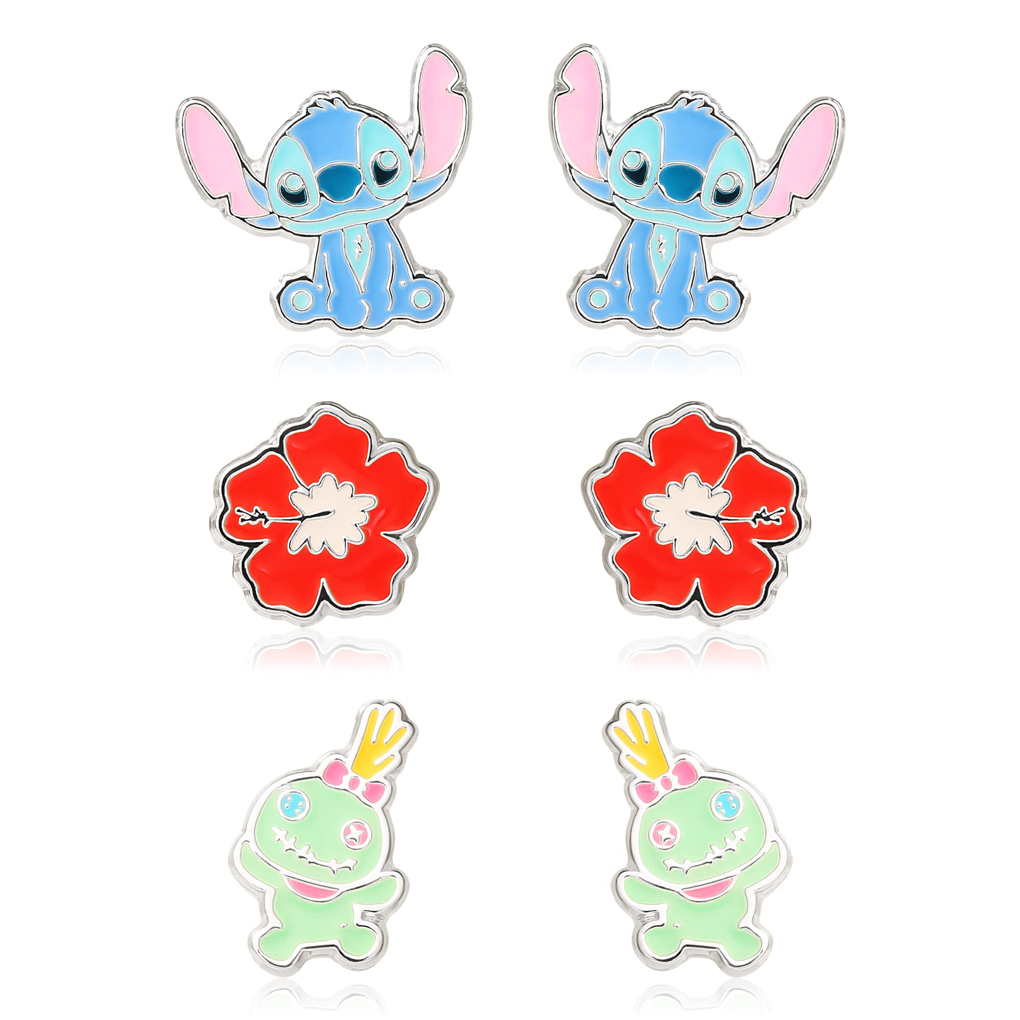 Disney Lilo and Stitch Experiment 626 Silver Plated Stud Earring Set, 3 Pairs - Officially Licensed
