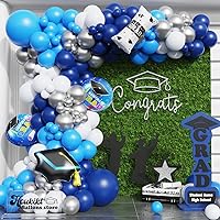 Royal Blue Graduation Balloon Garland Arch Kit, 144Pcs Navy Blue Silver White with GRAD Foil Balloons for Graduation Decorations Class of 2024 Congrats Grad Birthday Party Supplies
