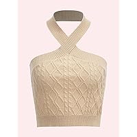 Women's Tops Shirts Sexy Tops for Women Solid Cable Halter Knit Top Shirts for Women (Color : Khaki, Size : Small)