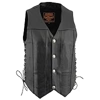 Milwaukee Leather LKM3701 Men's Black Leather Classic V-Neck Motorcycle Rider Vest w/Buffalo Snaps and Side Laces