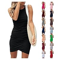 Women's Summer Dresses 2024 Beach Dress Round Neck Short Sleeve Wrap Party Club Pleated Slim Shirt Dresses, M-XL