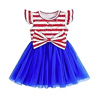 4th of July Toddler Baby Girl Dress Independence Day Outfit Star Striped Princess Dress Bow Fly Sleeve Tulle