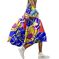 Women's Boho Floral Midi Dress Crew Neck 3/4 Sleeve Waist Smocked Big Hem Swing Dress Colorful Casual Beach Dresses