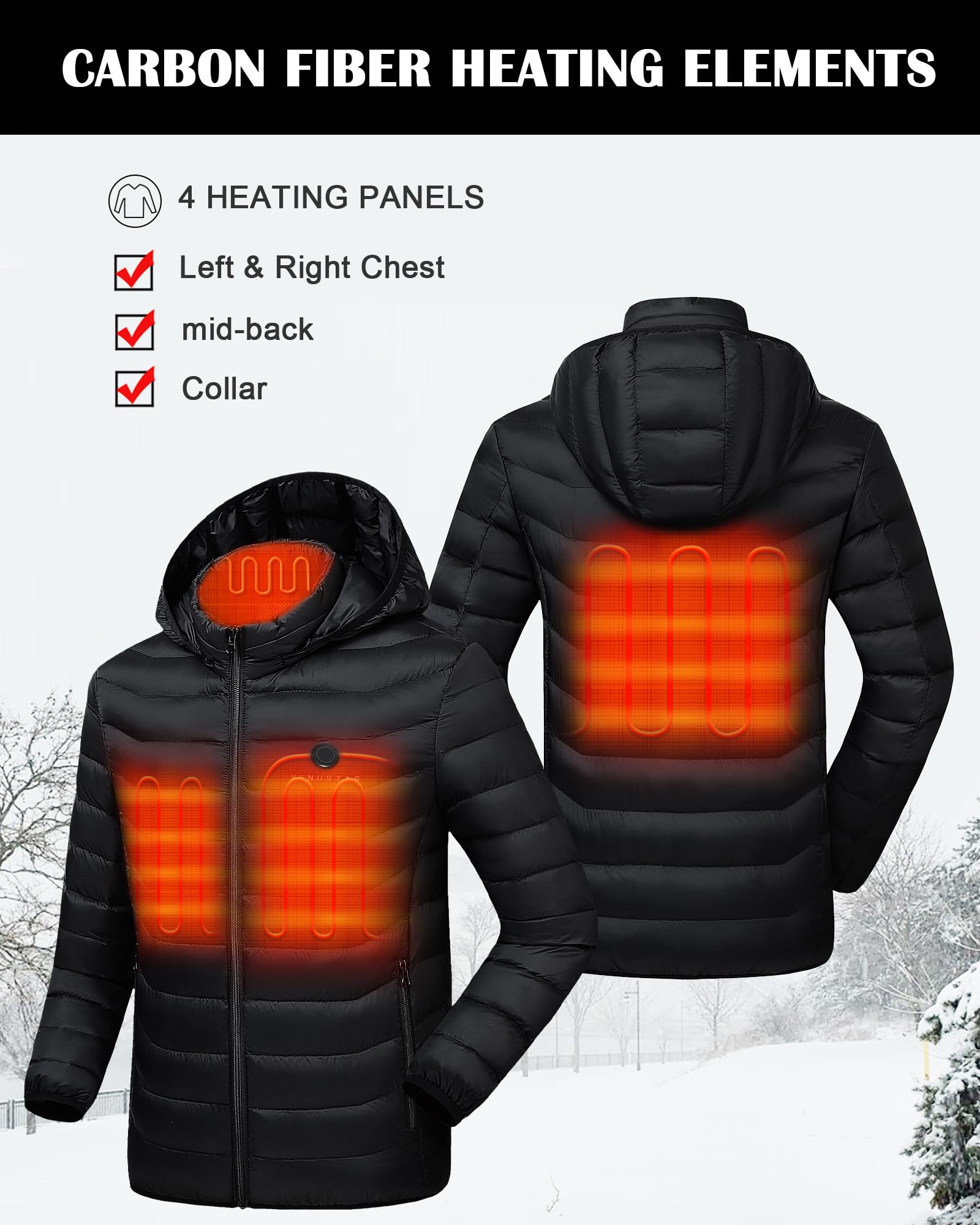 Venustas Heated Jacket with Battery Pack (Unisex), Heated Coat for Women and Men with Detachable Hood