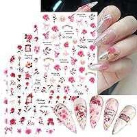 6 Sheets Flower Nail Art Stickers Spring Rose Nail Stickers 3D Self-Adhesive Nail Decals Nails Art Supplies Leaf Letter Nail Designs Colourful Floral Sticker for Women Girls Manicure Decoration
