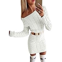EFOFEI Womens Solid Color Coctail Sweater Cable Knitted Sweater Dress Crew Neck Long Sleeve Pullover Tops