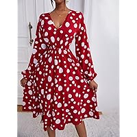 Summer Dresses for Women 2022 Polka Dot Print Lantern Sleeve -line Dress Dresses for Women (Color : Red and White, Size : X-Small)
