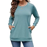 Hount Womens Round Neck Long Sleeve Shirts Casual Side Split Tunic Tops Loose Fitting Shirts with Pockets
