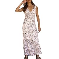 Women's Summer Dresses Casual Ladies' Floral Contrast Printed Deep V Ladies' Dress Halter Lace Up Dress(Coffee,Small)
