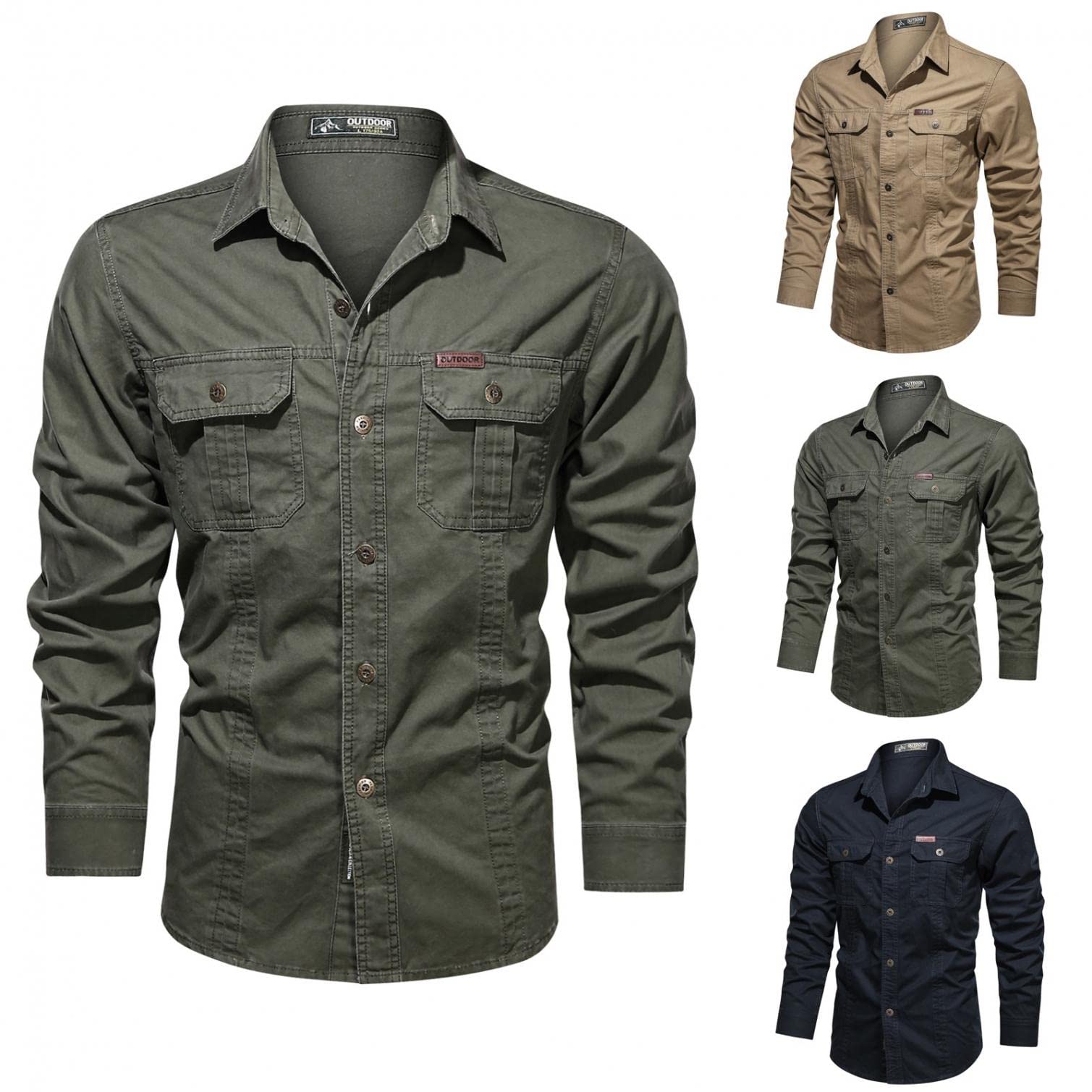 Mens Hiking Camp Shirts Tactical Long Sleeve Button Down Military Solid  Tops Fishing Cargo Work Western Cowboy Shirts