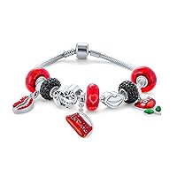 Kissing Lips Lovers Red Valentines Day Heart Wife New Mother Theme Starter Beads Multi Charm Bracelet For Women .925 Sterling Silver Snake Chain European Barrel Clasp Bracelets 6.5 7 7.5 8 8.5 Inch