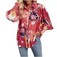 Women Vintage Fashion Printed Long Sleeve Shirt Casual Button Down Blouse Tops Lightweight Lapel Loose Fit Shirts