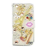 Crystal Wallet Case Compatible with Samsung Galaxy S23 Plus - Eiffel Tower High Heel - White - 3D Handmade Glitter Bling Leather Cover with Screen Protector & Beaded Phone Lanyard