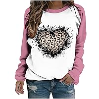 Plus Size Valentine's Day Shirts Women Leopard Love Heart Graphic T-Shirts Raglan Long Sleeve Casual Pullover Tops