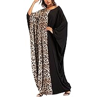 PEHMEA Women's Oversized Batwing Plaid Long Sleeve Boho Printed Harem Maxi Caftan Dress (Black&Leopard, One Size)