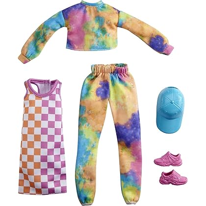 Barbie Fashions 2-Pack Clothing Set, 2 Outfits Doll Include Tie-Dye Joggers & Sweatshirt, Checked Dress, Blue Cap & Pink Sneakers, Gift for Kids 3 to 8 Years Old