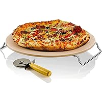 OVENTE Ceramic Flat 13 Inch Pizza Stone Set with Crust Cutter Wheel & Metal Rack/Handle, Compact Easy Storage Portable Baking Grilling Stone Thermal Shock Resistance for Oven Grill BBQ, Beige BW10132