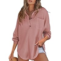 Astylish Women Waffle Knit Tops Henley Shirts Long Sleeve V Neck Solid Color Casual Tunic
