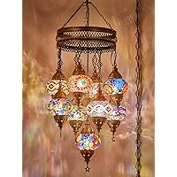 DEMMEX PLUGIN Turkish Moroccan Mosaic Chandelier Light, Ceiling Hanging Lamp Pendant Light Fixture with 15ft 4.5mt Cord Chain and Plug, Handmade, Customizable (9 Globes PLUGIN, 41