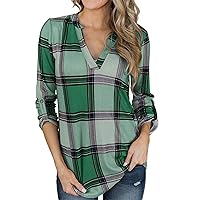 T Shirts For Women Fashion Plaid V-Neck Breathable Pullover Tunic Fall Casual Loose Fit Long Sleeves Blouse Tops