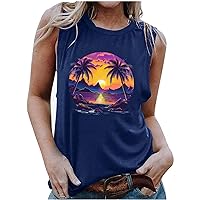 Beach Tank Tops for Women Summer Sunset Graphic Sleeveless Tee Vest Vintage Palm Tree Tees Hawaiian Vacation Shirts