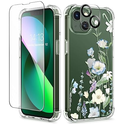 GVIEWIN Bundle - Compatible with iPhone 13 Case Clear Floral (Aquilegia/White) + Phone Ring Holder (Desert Dream/Green)