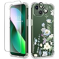GVIEWIN Designed for iPhone 13 Case 6.1 Inch, with Tempered Glass Screen Protector + Camera Lens Protector Clear Flower Soft & Flexible Slim Shockproof Floral Women Phone Cover (Aquilegia/White)