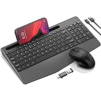 Wireless Keyboard and Mouse Combo, Ergonomic Keyboard with Wrist Rest, Phone Holder, Sleep Mode, 2.4G Lag-Free Rechargeable Compact Silent Cordless Keyboard Mouse for Windows, Mac, Laptop, PC (Black)