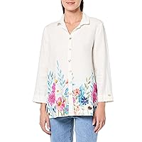 John Mark Women's Floral Border Wire Collar Button Front with Roll Tab Sleeves