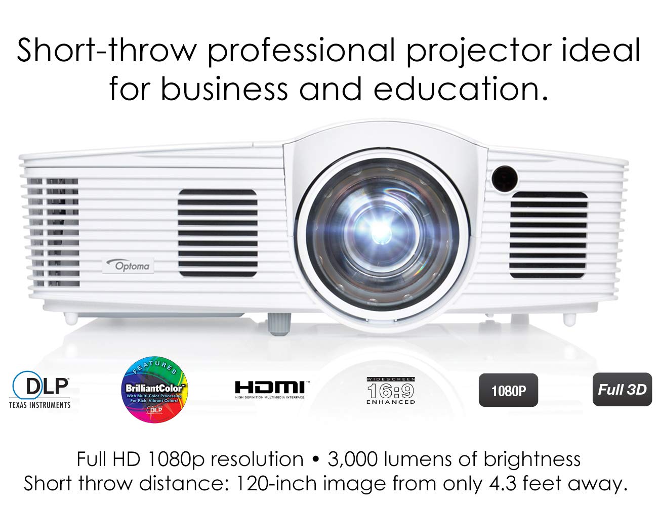Optoma EH200ST Full 3D 1080p 3000 Lumen DLP Short Throw Projector with 20,000:1 Contrast Ratio and MHL Enabled HDMI Port , white
