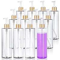 JUVITUS Clear 16 oz / 500 ml Professional Cylinder PET Plastic Empty Bottles Container (BPA Free) (12 pack) (Gold Lotion Pump)