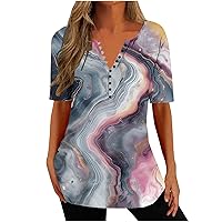 Summer Chinese Button Henley Shirts Women Fashion Print Short Sleeve V Neck Tunic Tops Casual Loose Fit Retro Blouse