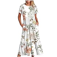 Floral T Shirt Dresses for Women Summer Trendy 2024 Casual Short Sleeve Loose Fit Flowy Ruffle Maxi Dresses with Pockets