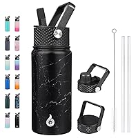 BJPKPK Insulated Water Bottles with Straw Lid, 18oz Stainless Steel Metal Water Bottle, Cold & Hot Water Bottle with 3 Lids, Leak Proof BPA Free Travel Cup, Wide Mouth Flasks, Thermos -Midnight