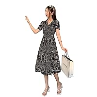 Vintage Polka Dot Platycodon Skirt V-Neck Waistband Single-Breasted Midi Dress