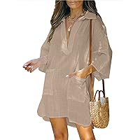 AI'MAGE Women Deep V Neck Cover Up Casual Cotton Linen Shirts Beachwear Half Sleeve Bikini Pool Dress, Light Brown, Medium