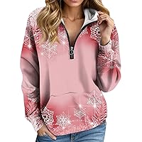 Christmas Sweatshirts for Women Snowflake Print Sparkly Pretty Fashion Loose with Long Sleeve Half Zip V Neck Tops