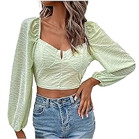 Women's Fashion Ruched Textured Crop Tops Square Neck Baggy Lantern Long Sleeve Casual Slim Shirts Solid Blouses