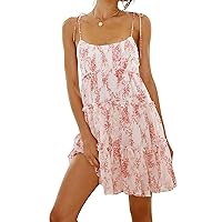 Mansy Womens 2024 Summer Floral Mini Dress Boho Flowy Skater Dresses Short Sleeveless Ruffle Spaghetti Strap Dress
