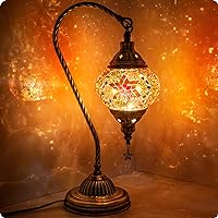 Yarra-Decor Turkish Moroccan Lamp with Bronze Base 3-Way Color Changing Handmade Swan Neck Tiffany Mosaic Glass Bedside Lamps for Bedroom (LED Bulb Included) (Red2)