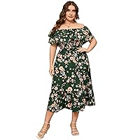 KOJOOIN Women Plus Size Off Shoulder Maxi Dress Ruffle Flowy Casual Summer Boho Long Dresses