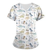 Print Working Uniforms for Women Patterned Mock Neck Short Sleeve Tshirt with Pockets Shirts for Women