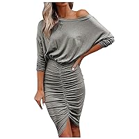 Formal Dresses for Women Plus with Sleeves,Dress for Women Round Neck Ruffles Solid Color Long Sleeve Dress Hig