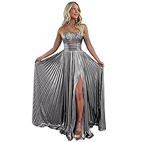 Basgute Sparkly Metallic Prom Dresses with Slit A Line Keyhole Satin Halter Long Formal Evening Party Gown for Women