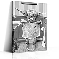 RCOEBME Black and White Funny Highland Cow Wall Art Cute Cattle Reading Newspaper on Toilet Picture Canvas Prints Painting Bathroom Highland Cow Wall Decor Framed 12