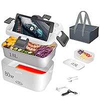 Electric Lunch Box 1.8L Large 80W Fast Food Heater for Adults,Quick Heating Lunch Box for Home/ Office/Work/Car/Truck, Portable Food Warmer with 304 Stainless Steel Container Carry Bag,12V/24V/110V