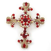 Statement Ruby Red Crystal Filigree Cross Brooch/Pendant In Gold Tone Metal - 58mm Length