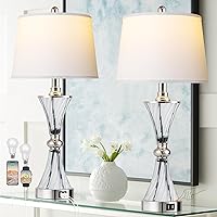 3-Way Dimmable Touch Coastal Glass Bedside Table Lamps for Bedroom Set of 2 with 2 USB ports,Modern Grey White Living Room Lamps for End Table,Nightstand Lamps for Minimalist Decoration with 2 Bulbs